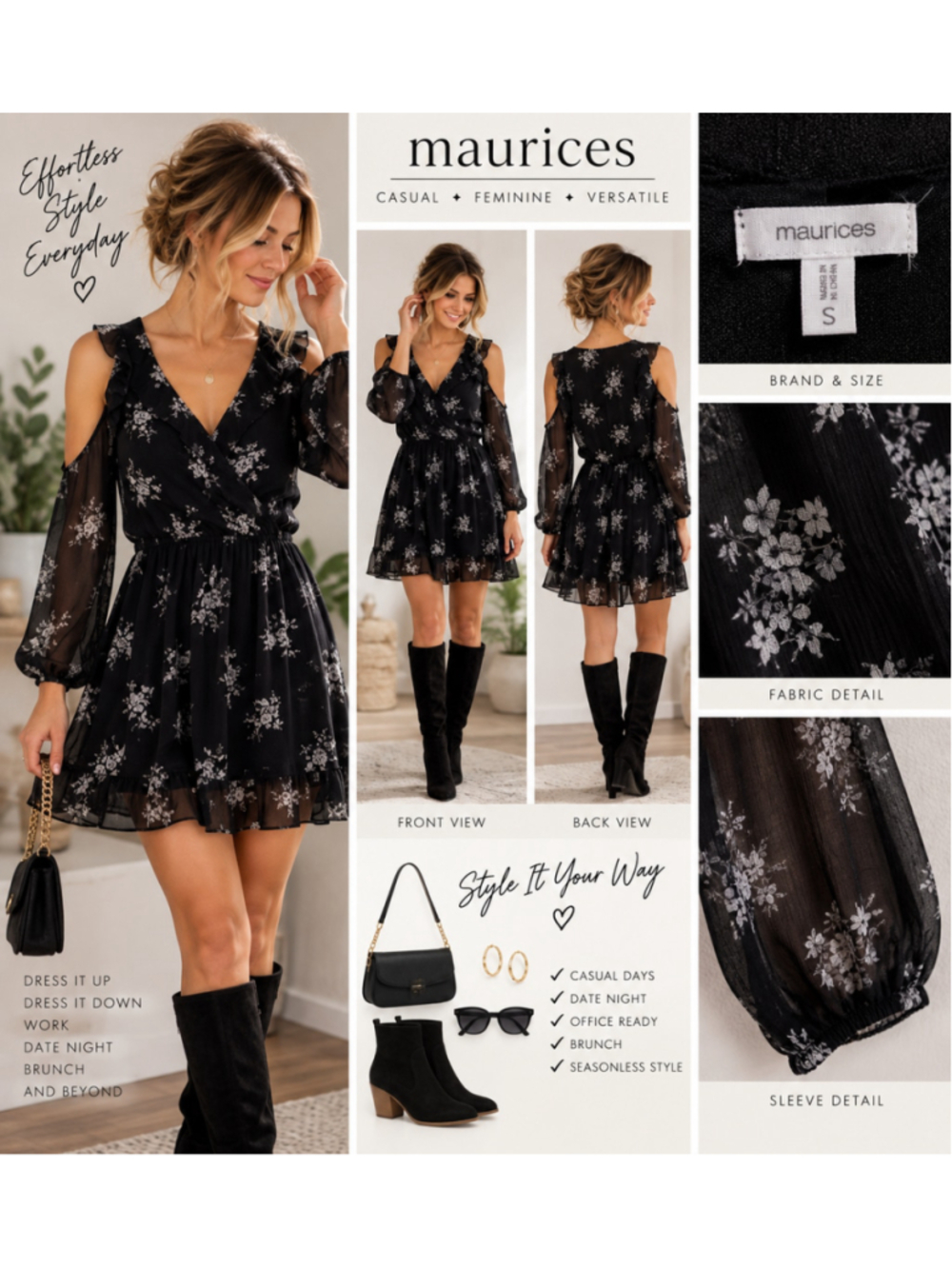 Maurices Floral Cold Shoulder Ruffle Wrap Mini Dress Black Gray Small W-274